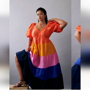 Farm Rio X Anthropologie Tiered Color Block Maxi Dress